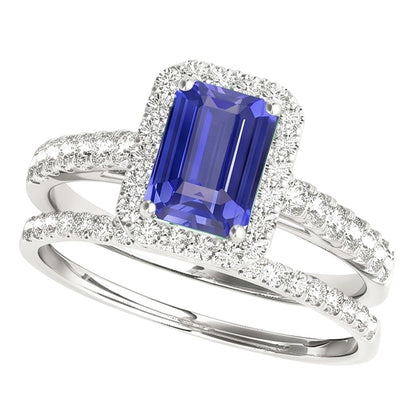 Natural Real ( Not Lab Grown )  Halo Engagement Ring Set Emerald Blue Sapphire With Gold Band 4 Carats