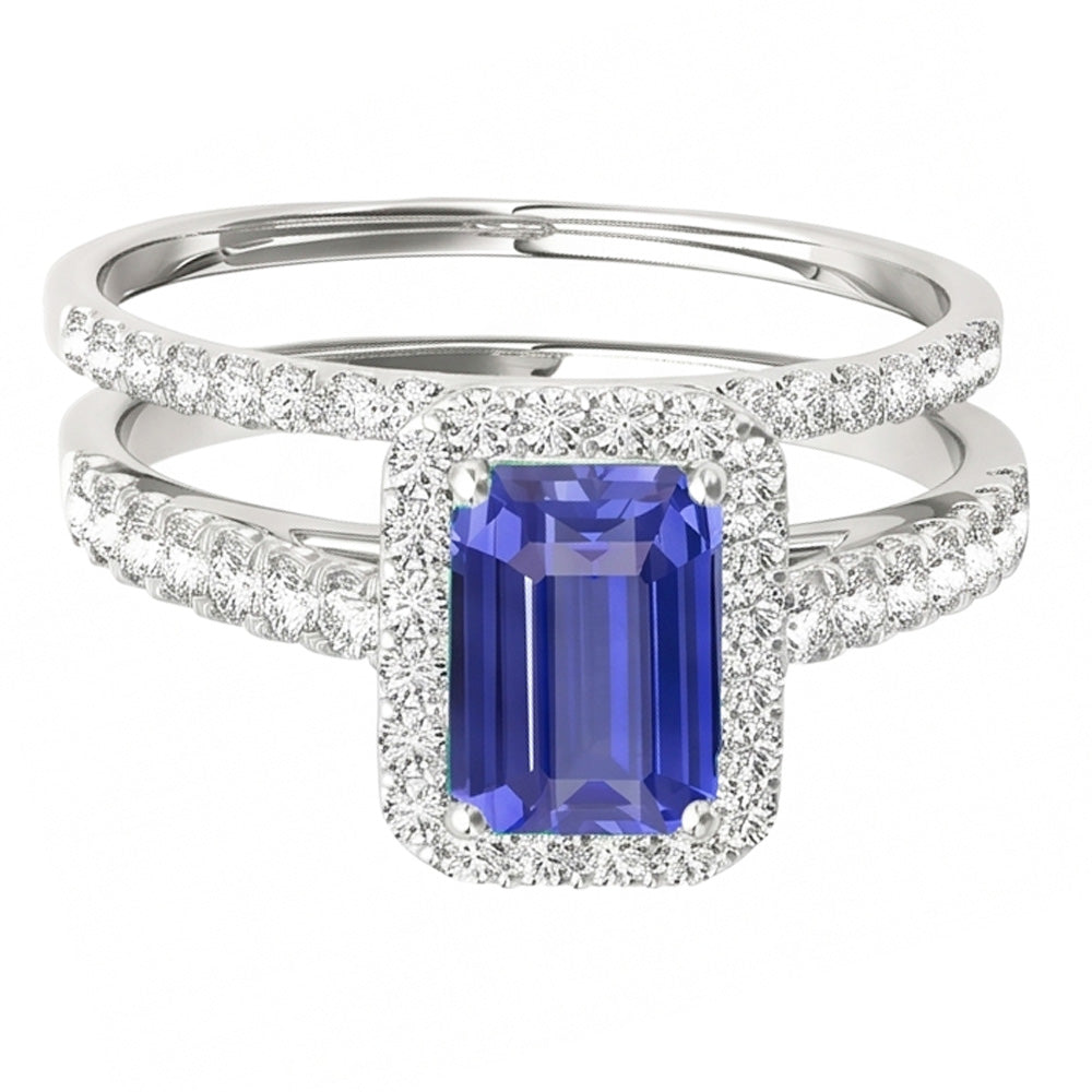 Natural Real ( Not Lab Grown )  Halo Engagement Ring Set Emerald Blue Sapphire With Gold Band 4 Carats