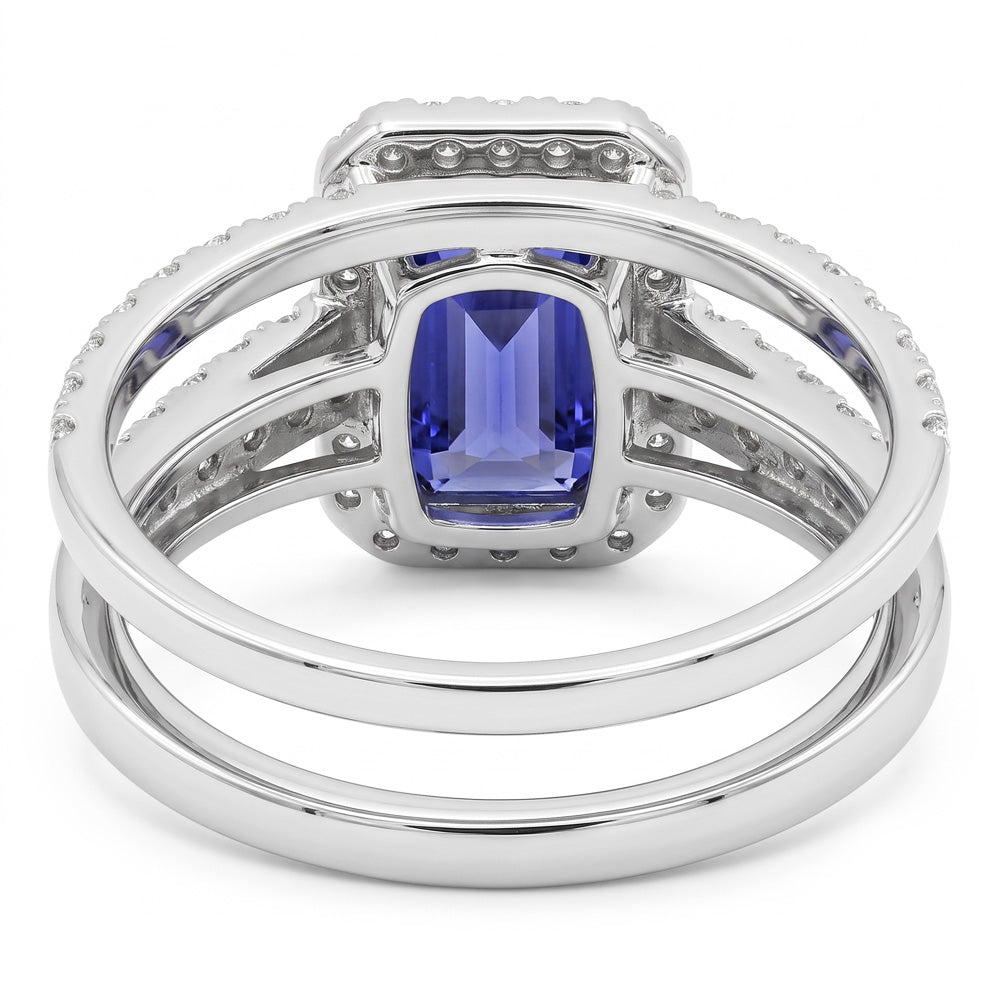 Natural Real ( Not Lab Grown )  Halo Engagement Ring Set Emerald Blue Sapphire With Gold Band 4 Carats