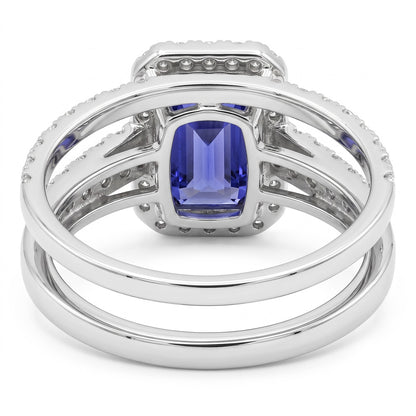 Natural Real ( Not Lab Grown )  Halo Engagement Ring Set Emerald Blue Sapphire With Gold Band 4 Carats
