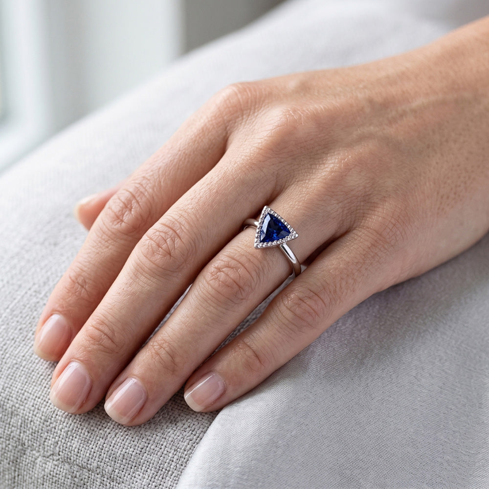 Natural Real ( Not Lab Grown )  Halo Engagement Ring Trillion Bezel Set Ceylon Sapphire 0.50 Carats