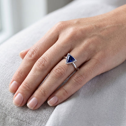 Natural Real ( Not Lab Grown )  Halo Engagement Ring Trillion Bezel Set Ceylon Sapphire 0.50 Carats