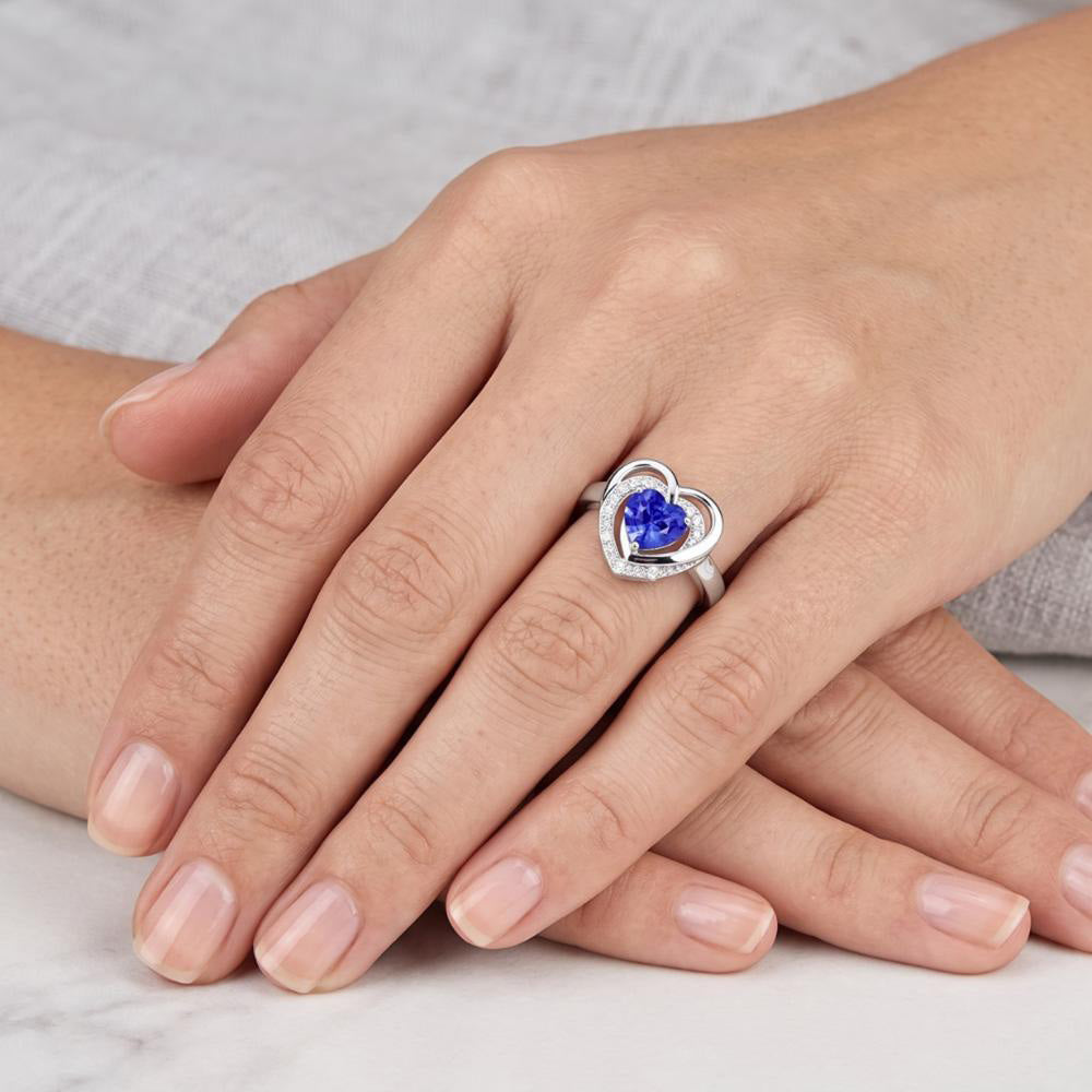 Natural Real ( Not Lab Grown )  Halo Gemstone Ring Heart Blue Sapphire Jewelry 1.50 Carats White Gold