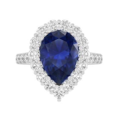 Natural Real ( Not Lab Grown )  Halo Gemstone Ring Pear Blue Sapphire Gold Womens Jewelry 8 Carats