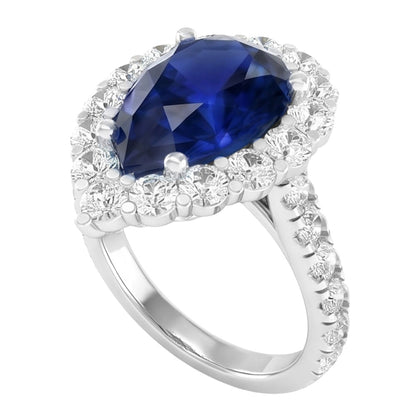 Natural Real ( Not Lab Grown )  Halo Gemstone Ring Pear Blue Sapphire Gold Womens Jewelry 8 Carats