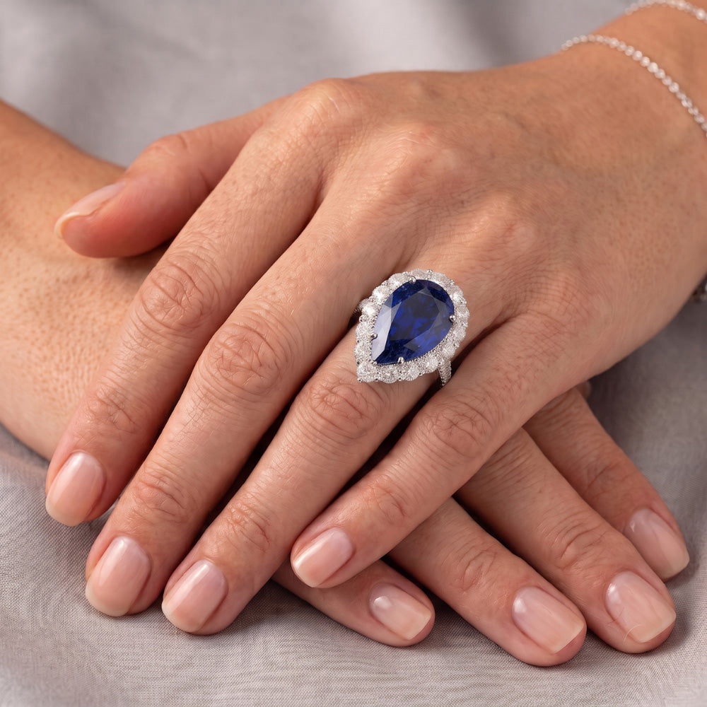 Natural Real ( Not Lab Grown )  Halo Gemstone Ring Pear Blue Sapphire Gold Womens Jewelry 8 Carats
