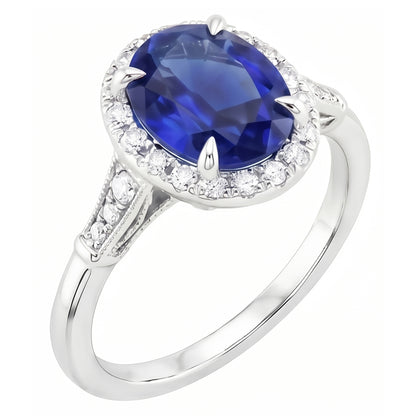 Natural Real ( Not Lab Grown )  Halo Oval Ceylon Sapphire Anniversary Ring With Accents 4.50 Carats