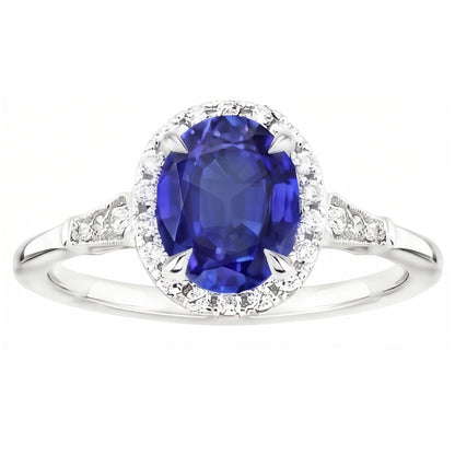 Natural Real ( Not Lab Grown )  Halo Oval Ceylon Sapphire Anniversary Ring With Accents 4.50 Carats