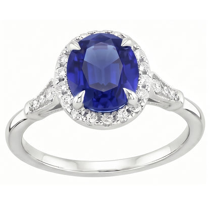 Natural Real ( Not Lab Grown )  Halo Oval Ceylon Sapphire Anniversary Ring With Accents 4.50 Carats