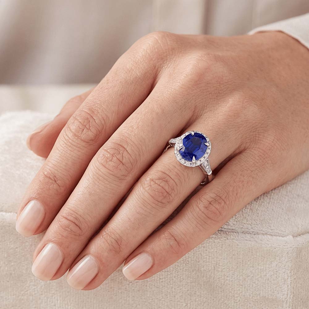 Natural Real ( Not Lab Grown )  Halo Oval Ceylon Sapphire Anniversary Ring With Accents 4.50 Carats