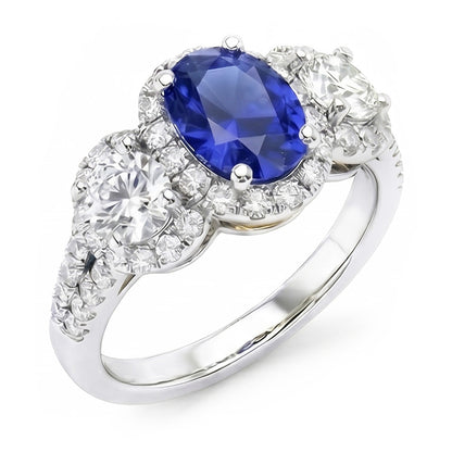 Natural Real ( Not Lab Grown )  Halo Oval Sapphire Ring 3 Stone Style Split Shank 3.50 Carats