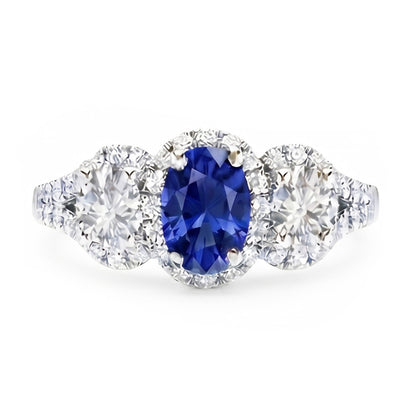 Natural Real ( Not Lab Grown )  Halo Oval Sapphire Ring 3 Stone Style Split Shank 3.50 Carats