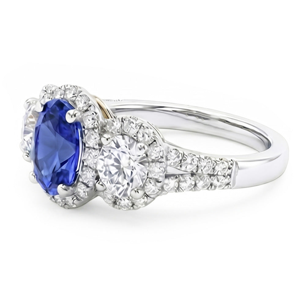 Natural Real ( Not Lab Grown )  Halo Oval Sapphire Ring 3 Stone Style Split Shank 3.50 Carats