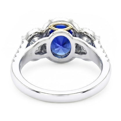 Natural Real ( Not Lab Grown )  Halo Oval Sapphire Ring 3 Stone Style Split Shank 3.50 Carats