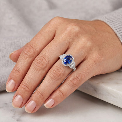 Natural Real ( Not Lab Grown )  Halo Oval Sapphire Ring 3 Stone Style Split Shank 3.50 Carats