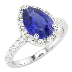 Natural Real ( Not Lab Grown )  Halo Pear Blue Sapphire Ring 4 Carats Diamond Accents Jewelry