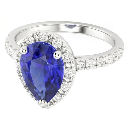 Natural Real ( Not Lab Grown )  Halo Pear Blue Sapphire Ring 4 Carats Diamond Accents Jewelry