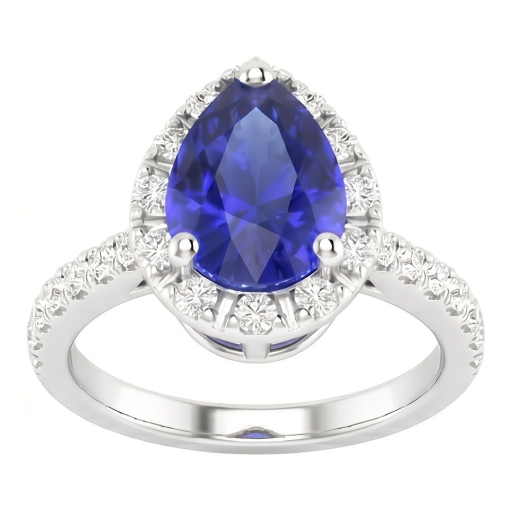 Natural Real ( Not Lab Grown )  Halo Pear Blue Sapphire Ring 4 Carats Diamond Accents Jewelry