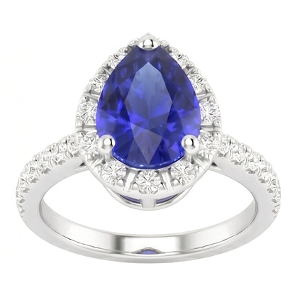 Natural Real ( Not Lab Grown )  Halo Pear Blue Sapphire Ring 4 Carats Diamond Accents Jewelry