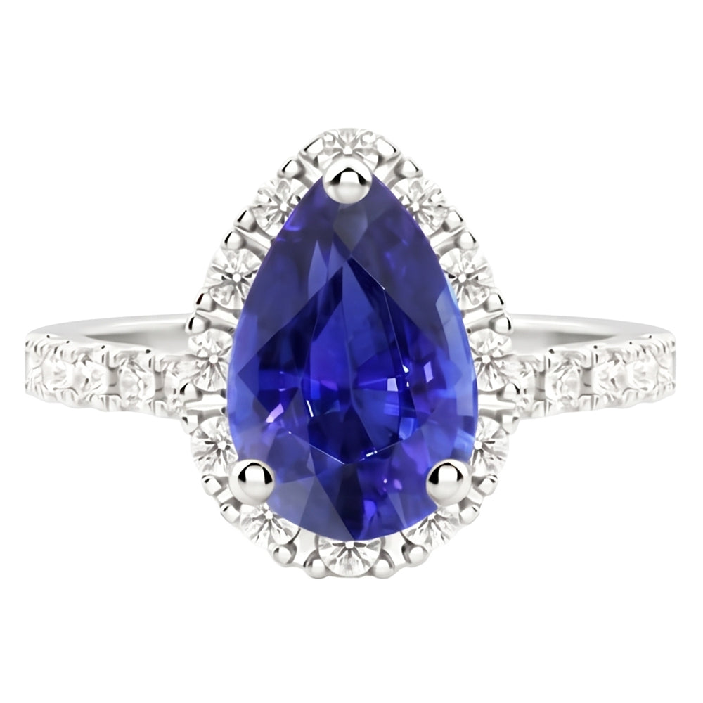 Natural Real ( Not Lab Grown )  Halo Pear Blue Sapphire Ring 4 Carats Diamond Accents Jewelry