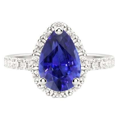 Natural Real ( Not Lab Grown )  Halo Pear Blue Sapphire Ring 4 Carats Diamond Accents Jewelry
