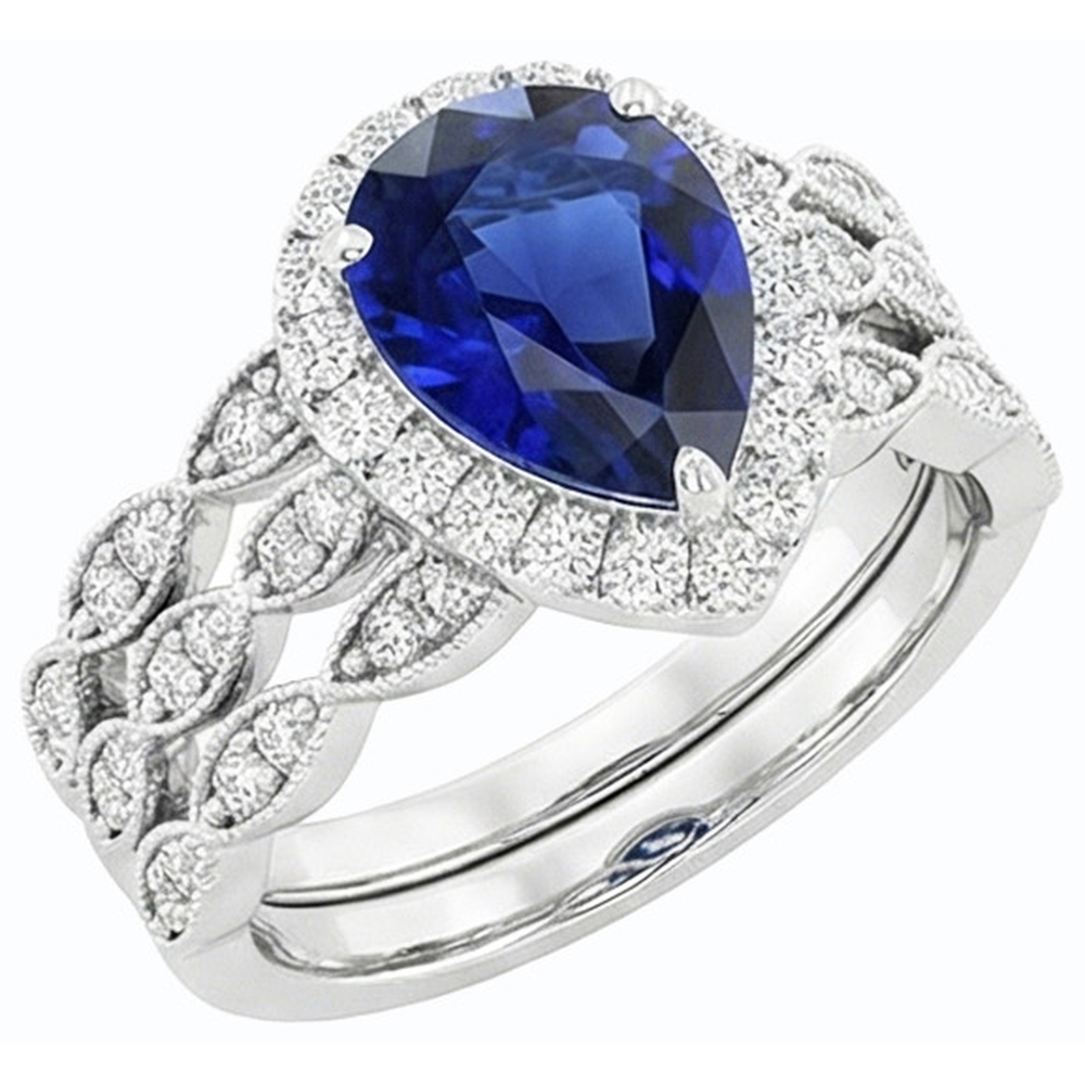 Natural Real ( Not Lab Grown )  Halo Pear Cut Wedding Ring Set Blue Sapphire Vintage Style 4.50 Carats