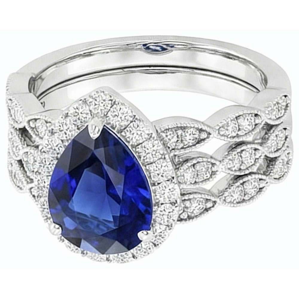 Natural Real ( Not Lab Grown )  Halo Pear Cut Wedding Ring Set Blue Sapphire Vintage Style 4.50 Carats