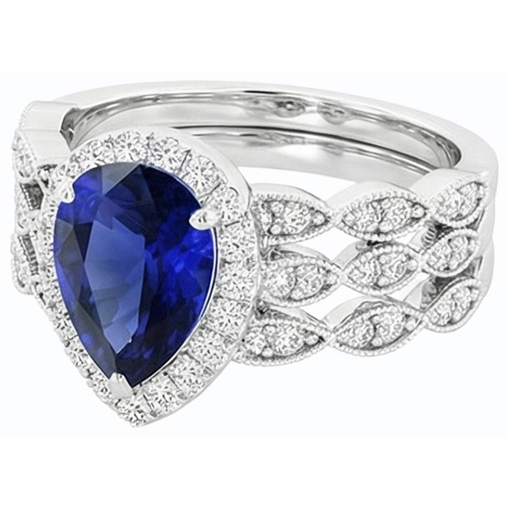 Natural Real ( Not Lab Grown )  Halo Pear Cut Wedding Ring Set Blue Sapphire Vintage Style 4.50 Carats