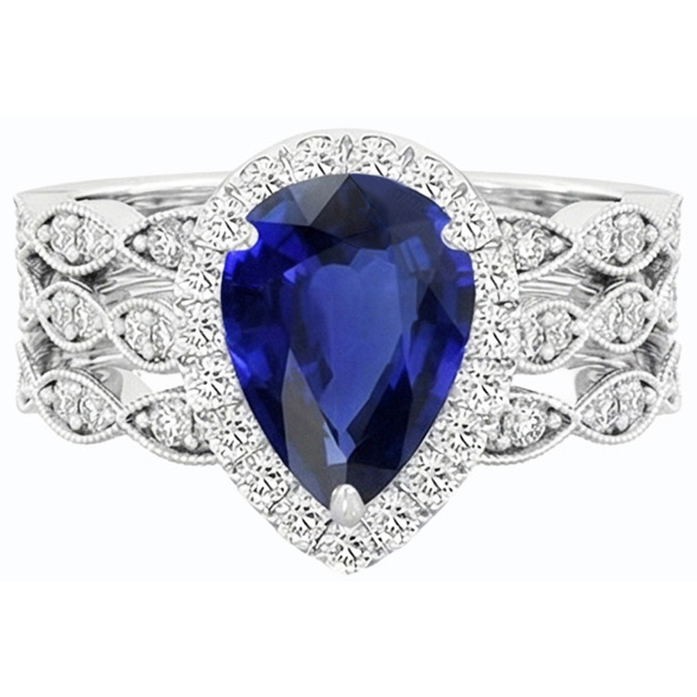 Natural Real ( Not Lab Grown )  Halo Pear Cut Wedding Ring Set Blue Sapphire Vintage Style 4.50 Carats