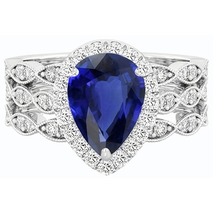 Natural Real ( Not Lab Grown )  Halo Pear Cut Wedding Ring Set Blue Sapphire Vintage Style 4.50 Carats