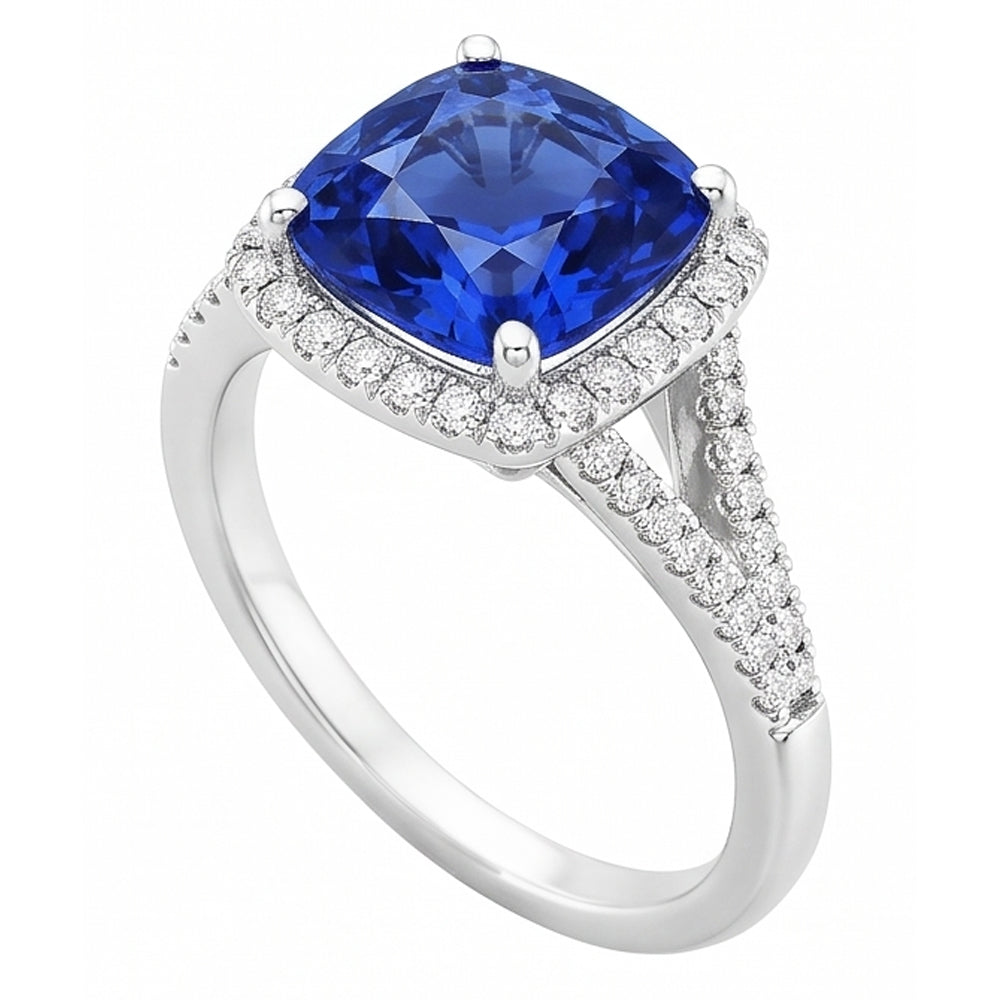 Natural Real ( Not Lab Grown )  Halo Ring Cushion Sri Lankan Sapphire 4 Carats Split Shank Jewelry