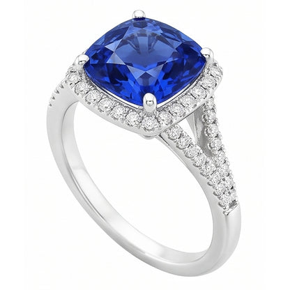 Natural Real ( Not Lab Grown )  Halo Ring Cushion Sri Lankan Sapphire 4 Carats Split Shank Jewelry
