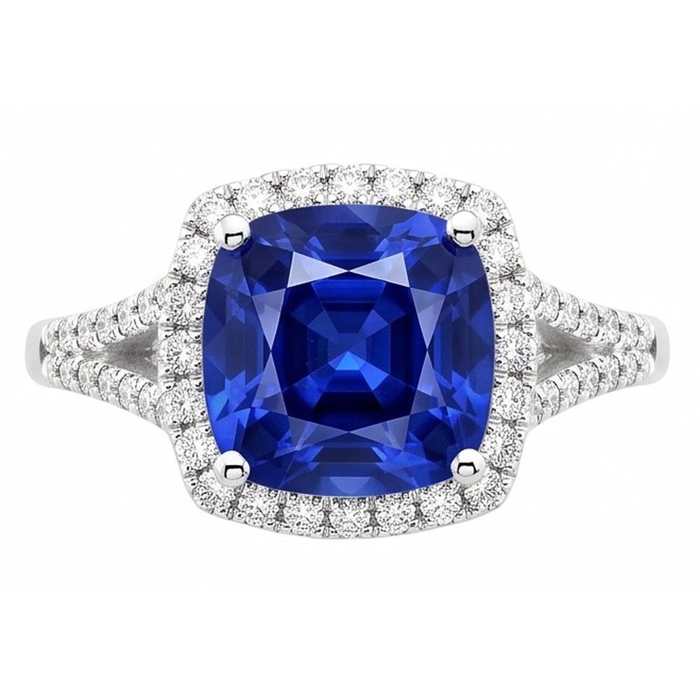 Natural Real ( Not Lab Grown )  Halo Ring Cushion Sri Lankan Sapphire 4 Carats Split Shank Jewelry