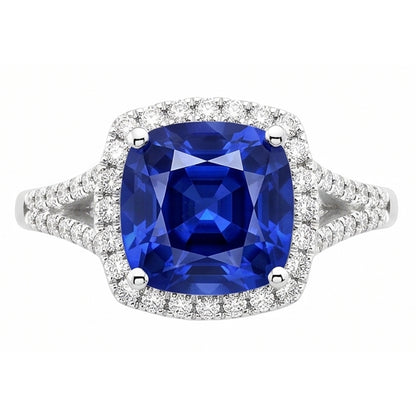 Natural Real ( Not Lab Grown )  Halo Ring Cushion Sri Lankan Sapphire 4 Carats Split Shank Jewelry