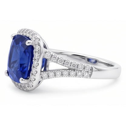 Natural Real ( Not Lab Grown )  Halo Ring Cushion Sri Lankan Sapphire 4 Carats Split Shank Jewelry