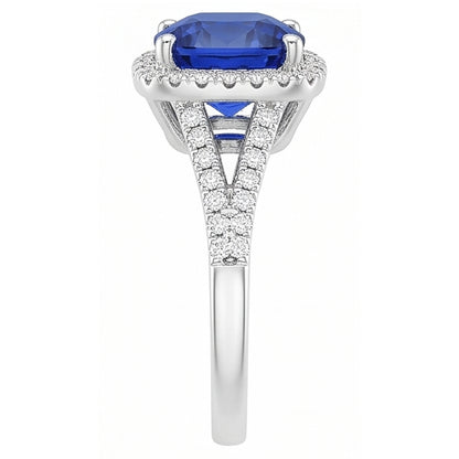 Natural Real ( Not Lab Grown )  Halo Ring Cushion Sri Lankan Sapphire 4 Carats Split Shank Jewelry