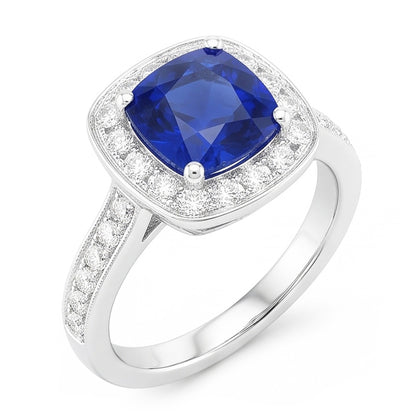 Natural Real ( Not Lab Grown )  Halo Sapphire Cushion Cut Engagement Ring