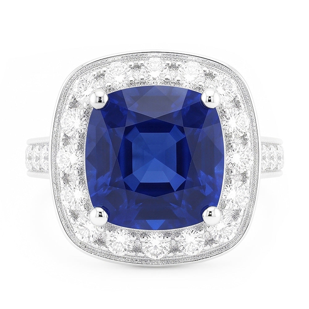 Natural Real ( Not Lab Grown )  Halo Sapphire Cushion Cut Engagement Ring