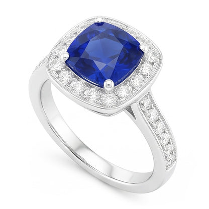 Natural Real ( Not Lab Grown )  Halo Sapphire Cushion Cut Engagement Ring