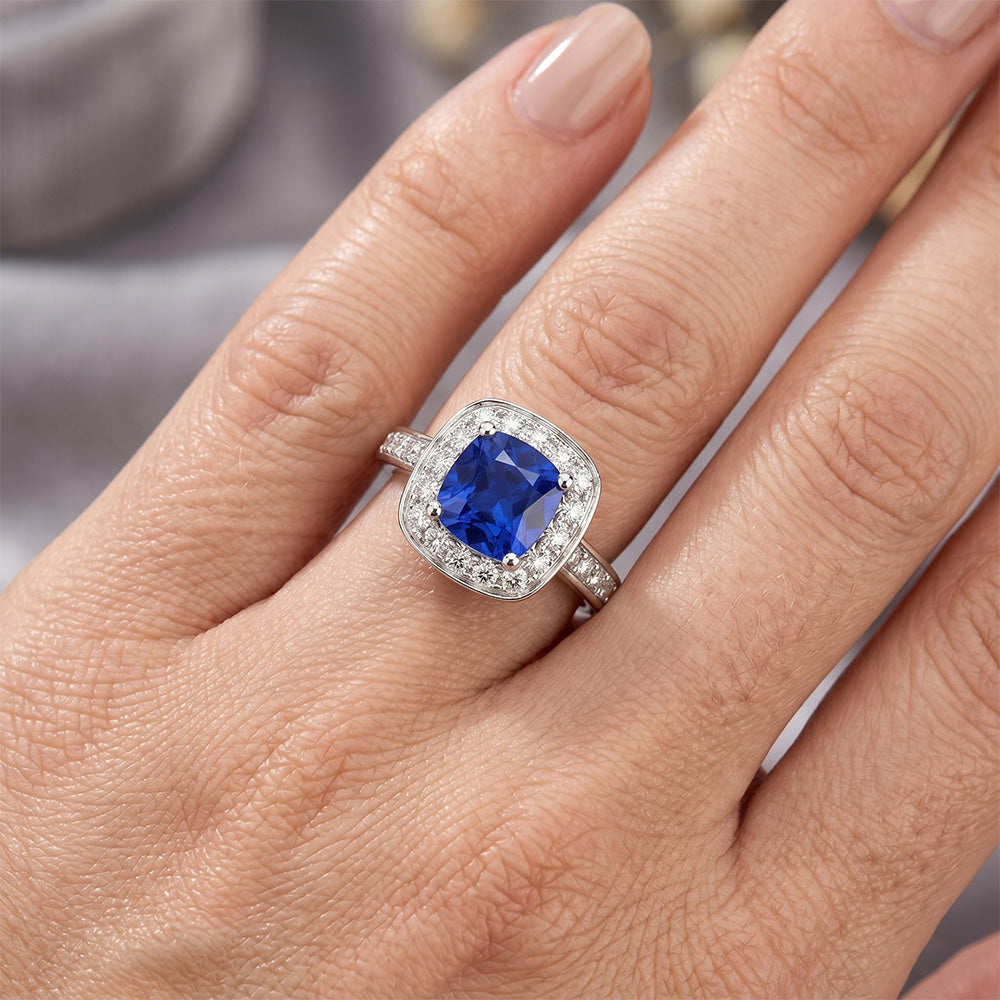 Natural Real ( Not Lab Grown )  Halo Sapphire Cushion Cut Engagement Ring