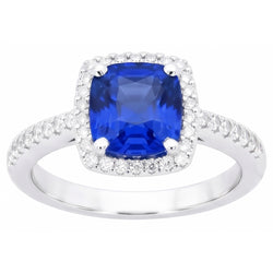 Natural Real ( Not Lab Grown )  Halo Sapphire Cushion Cut Ladies Ring