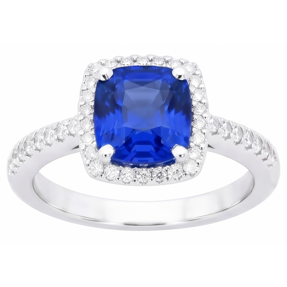 Natural Real ( Not Lab Grown )  Halo Sapphire Cushion Cut Ladies Ring