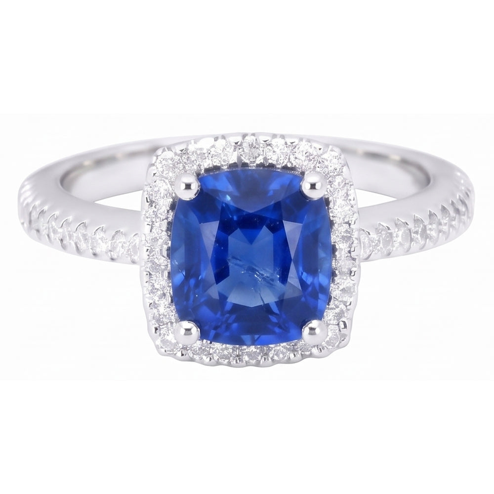 Natural Real ( Not Lab Grown )  Halo Sapphire Cushion Cut Ladies Ring
