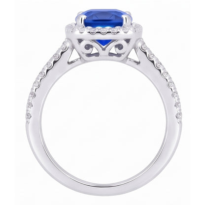 Natural Real ( Not Lab Grown )  Halo Sapphire Cushion Cut Ladies Ring