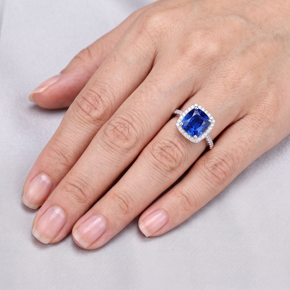 Natural Real ( Not Lab Grown )  Halo Sapphire Cushion Cut Ladies Ring