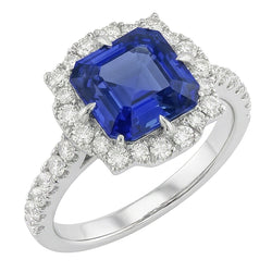 Natural Real ( Not Lab Grown )  Halo Sapphire Engagement Ring Flower Style Asscher Cut 3.50 Carats