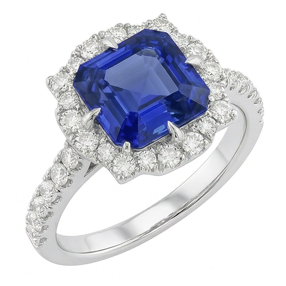 Natural Real ( Not Lab Grown )  Halo Sapphire Engagement Ring Flower Style Asscher Cut 3.50 Carats