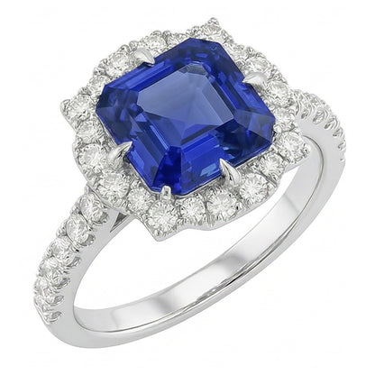 Natural Real ( Not Lab Grown )  Halo Sapphire Engagement Ring Flower Style Asscher Cut 3.50 Carats