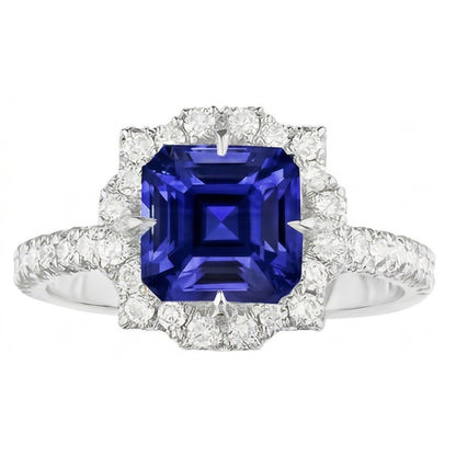 Natural Real ( Not Lab Grown )  Halo Sapphire Engagement Ring Flower Style Asscher Cut 3.50 Carats
