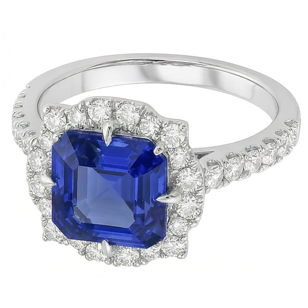 Natural Real ( Not Lab Grown )  Halo Sapphire Engagement Ring Flower Style Asscher Cut 3.50 Carats